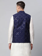 Jompers Men's Navy Mirror Work Embroidered Nehru Jacket