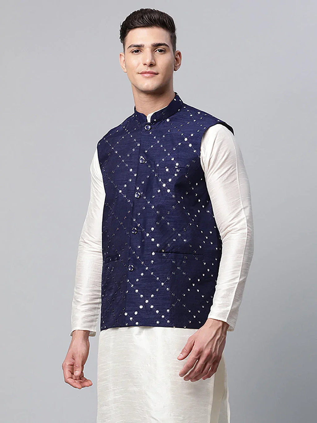 Jompers Men's Navy Mirror Work Embroidered Nehru Jacket