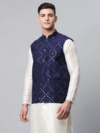 Jompers Men's Navy Mirror Work Embroidered Nehru Jacket