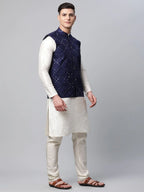 Jompers Men's Navy Mirror Work Embroidered Nehru Jacket