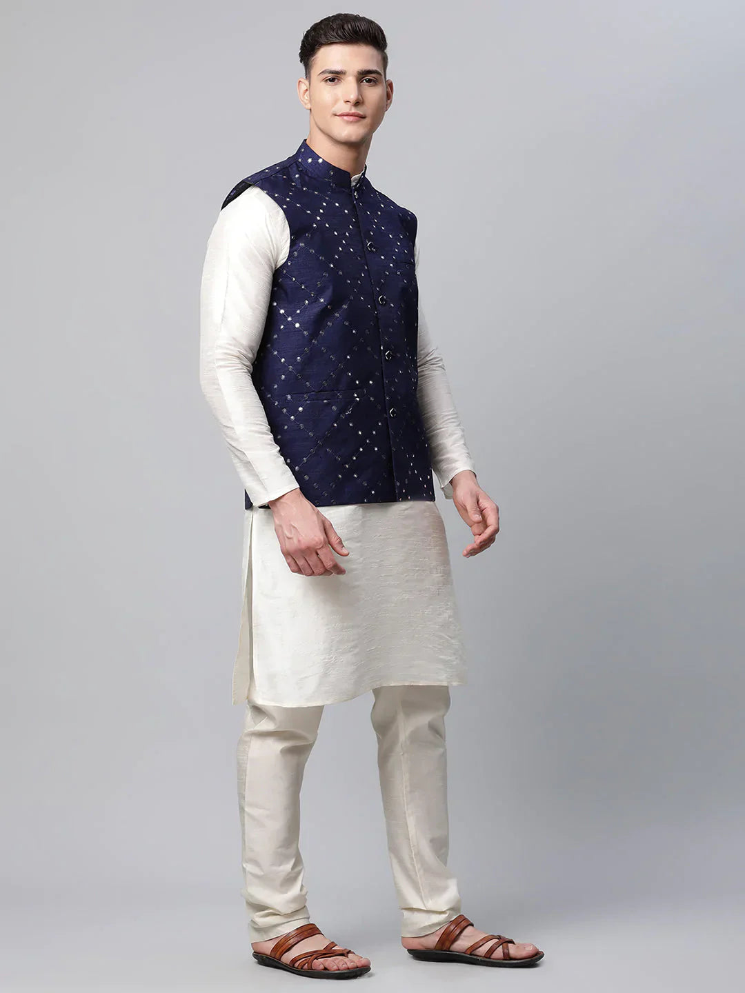 Jompers Men's Navy Mirror Work Embroidered Nehru Jacket