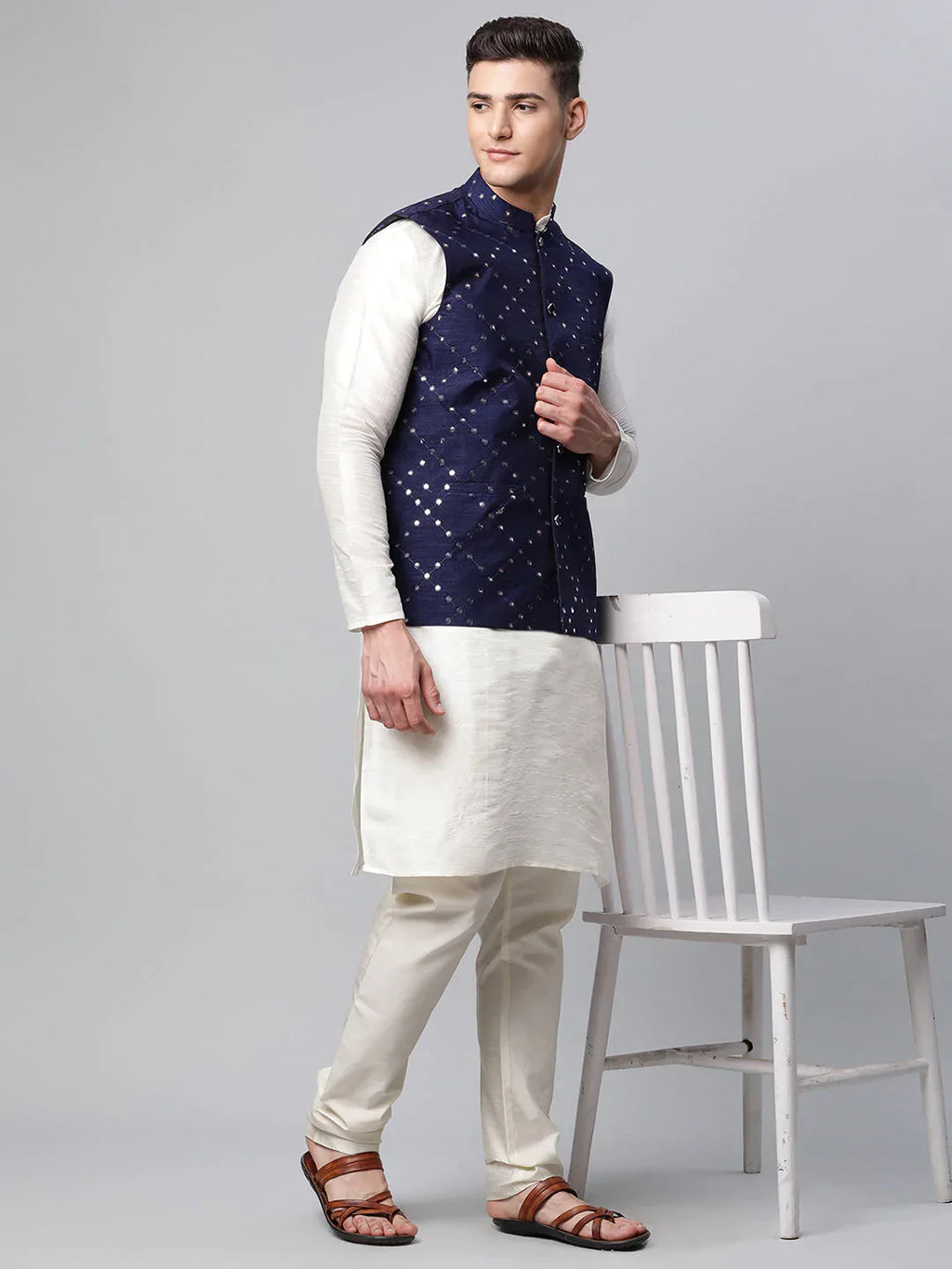 Jompers Men's Navy Mirror Work Embroidered Nehru Jacket