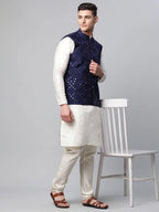 Jompers Men's Navy Mirror Work Embroidered Nehru Jacket