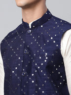 Jompers Men's Navy Mirror Work Embroidered Nehru Jacket