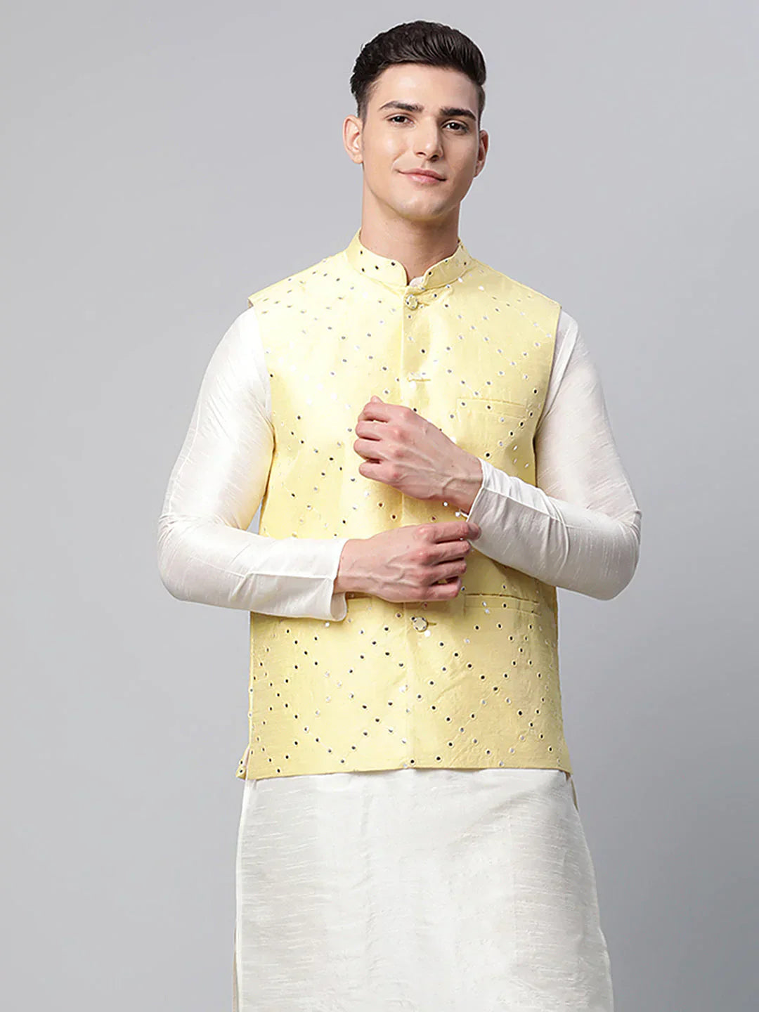 Jompers Men's Yellow Mirror Work Embroidered Nehru Jacket