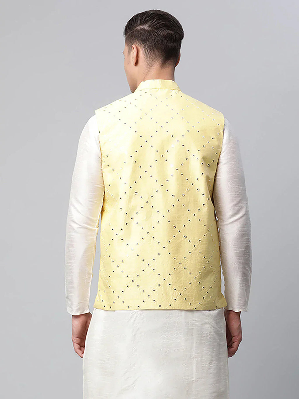 Jompers Men's Yellow Mirror Work Embroidered Nehru Jacket