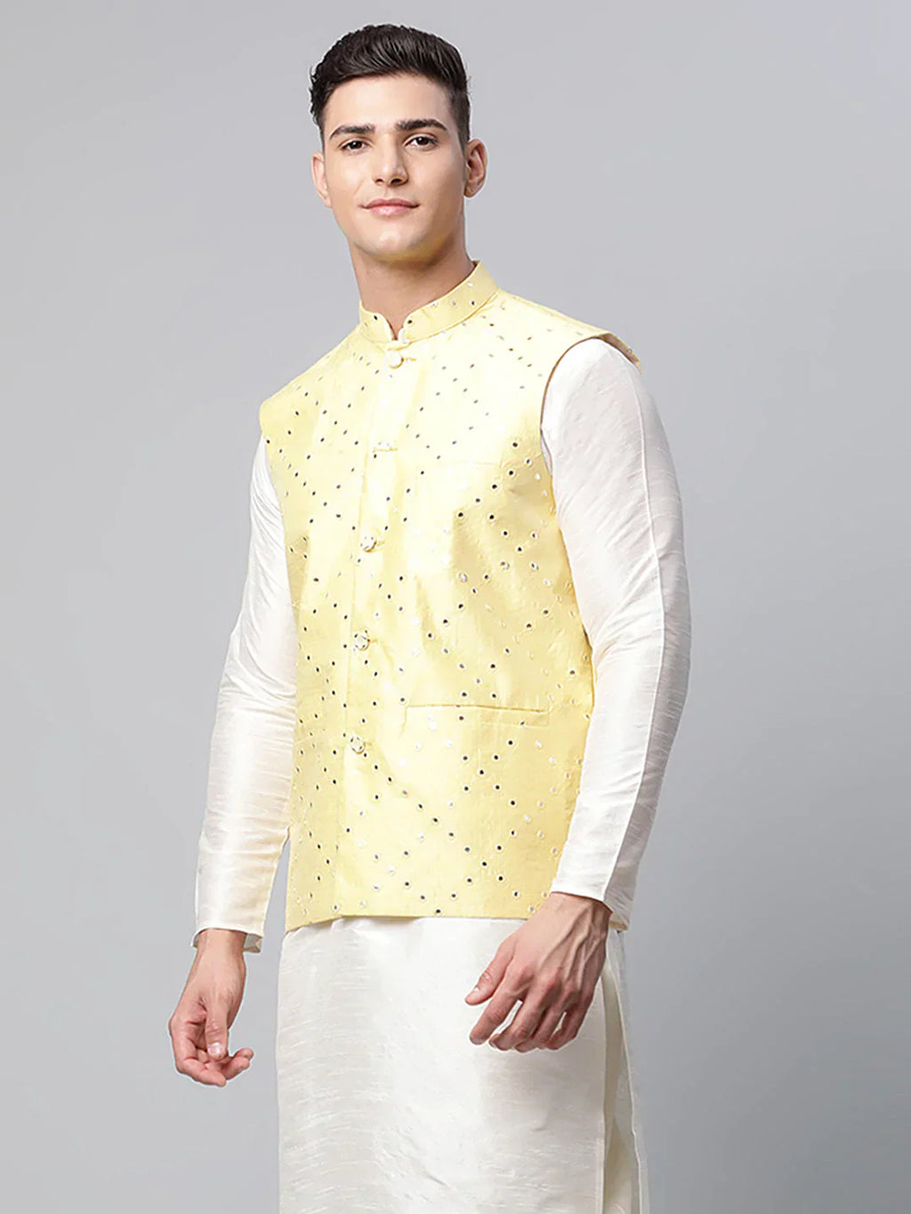 Jompers Men's Yellow Mirror Work Embroidered Nehru Jacket