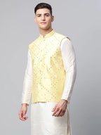 Jompers Men's Yellow Mirror Work Embroidered Nehru Jacket