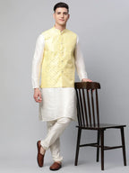 Jompers Men's Yellow Mirror Work Embroidered Nehru Jacket