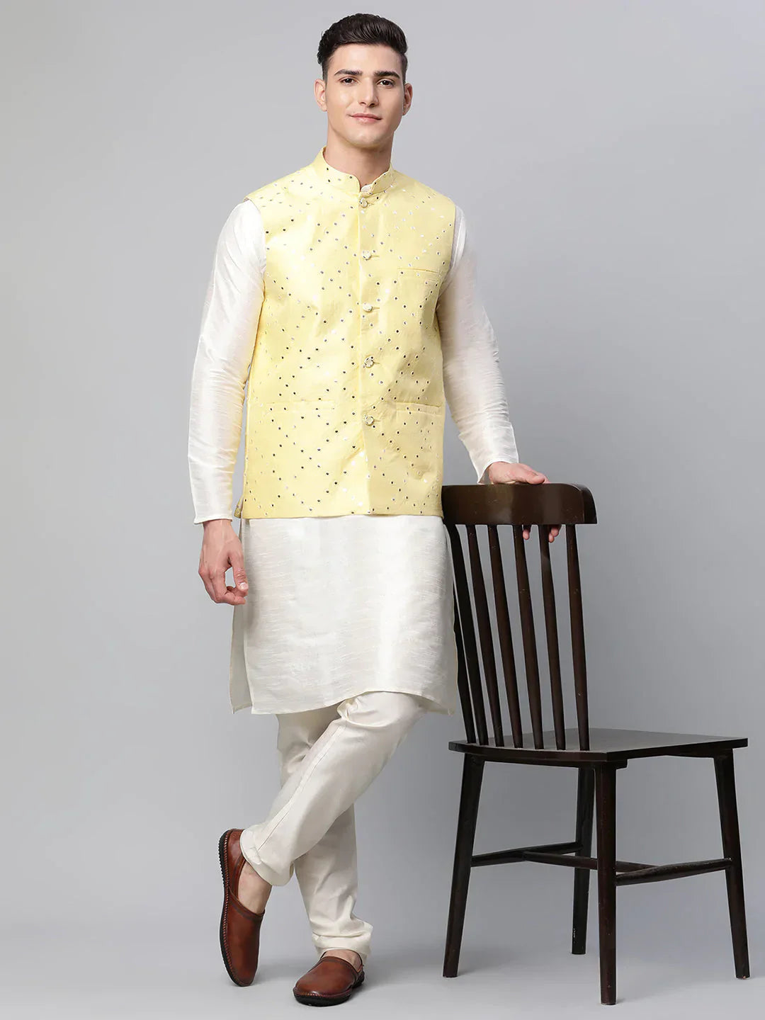 Jompers Men's Yellow Mirror Work Embroidered Nehru Jacket