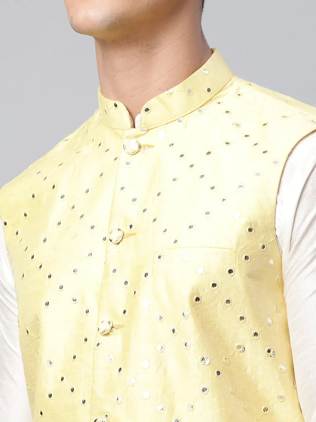 Jompers Men's Yellow Mirror Work Embroidered Nehru Jacket
