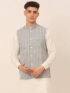 Jompers Men's Grey Embroidered Nehru Jackets