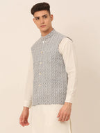 Jompers Men's Grey Embroidered Nehru Jackets