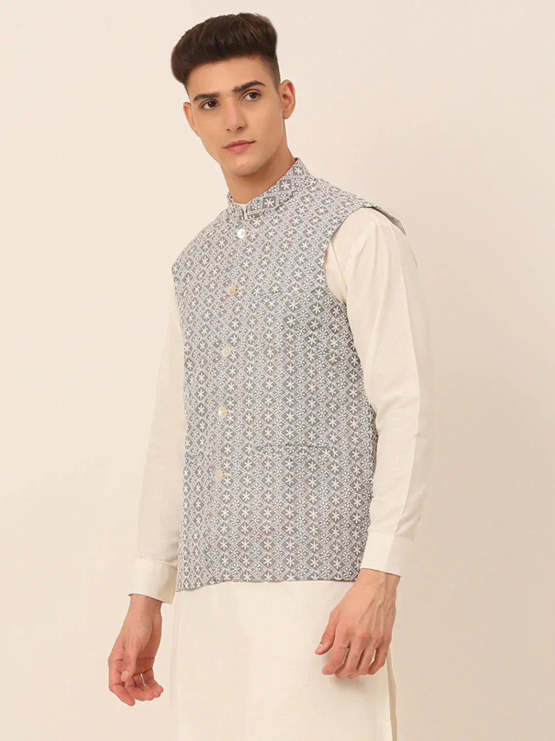 Jompers Men's Grey Embroidered Nehru Jackets