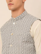 Jompers Men's Grey Embroidered Nehru Jackets