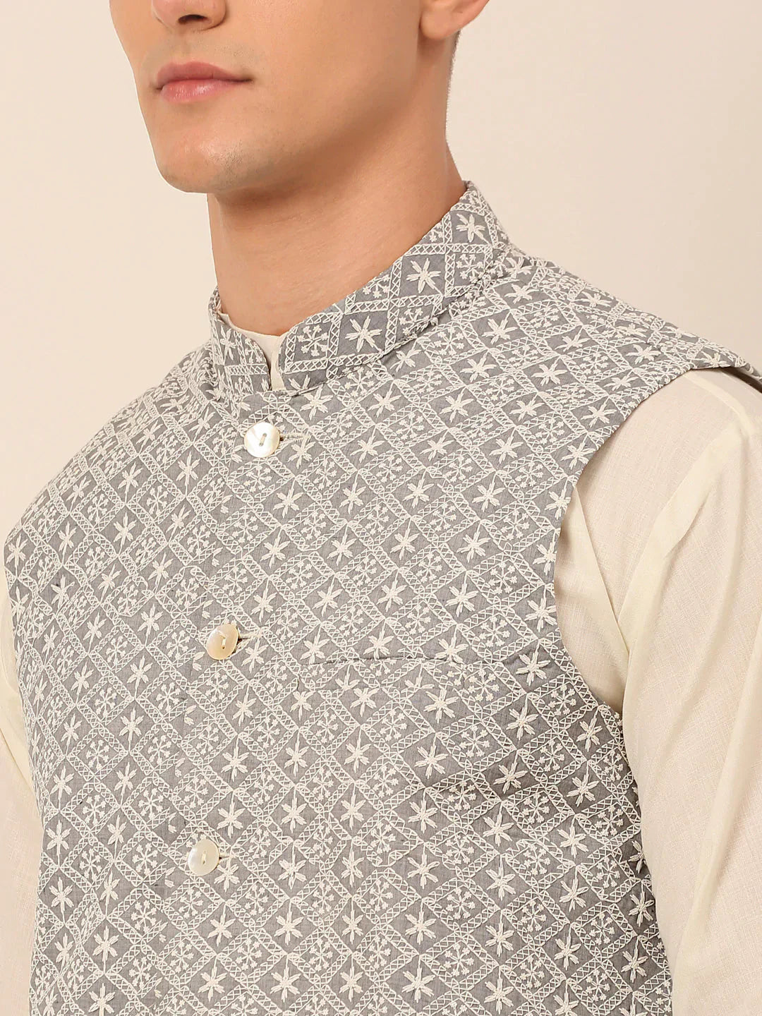 Jompers Men's Grey Embroidered Nehru Jackets