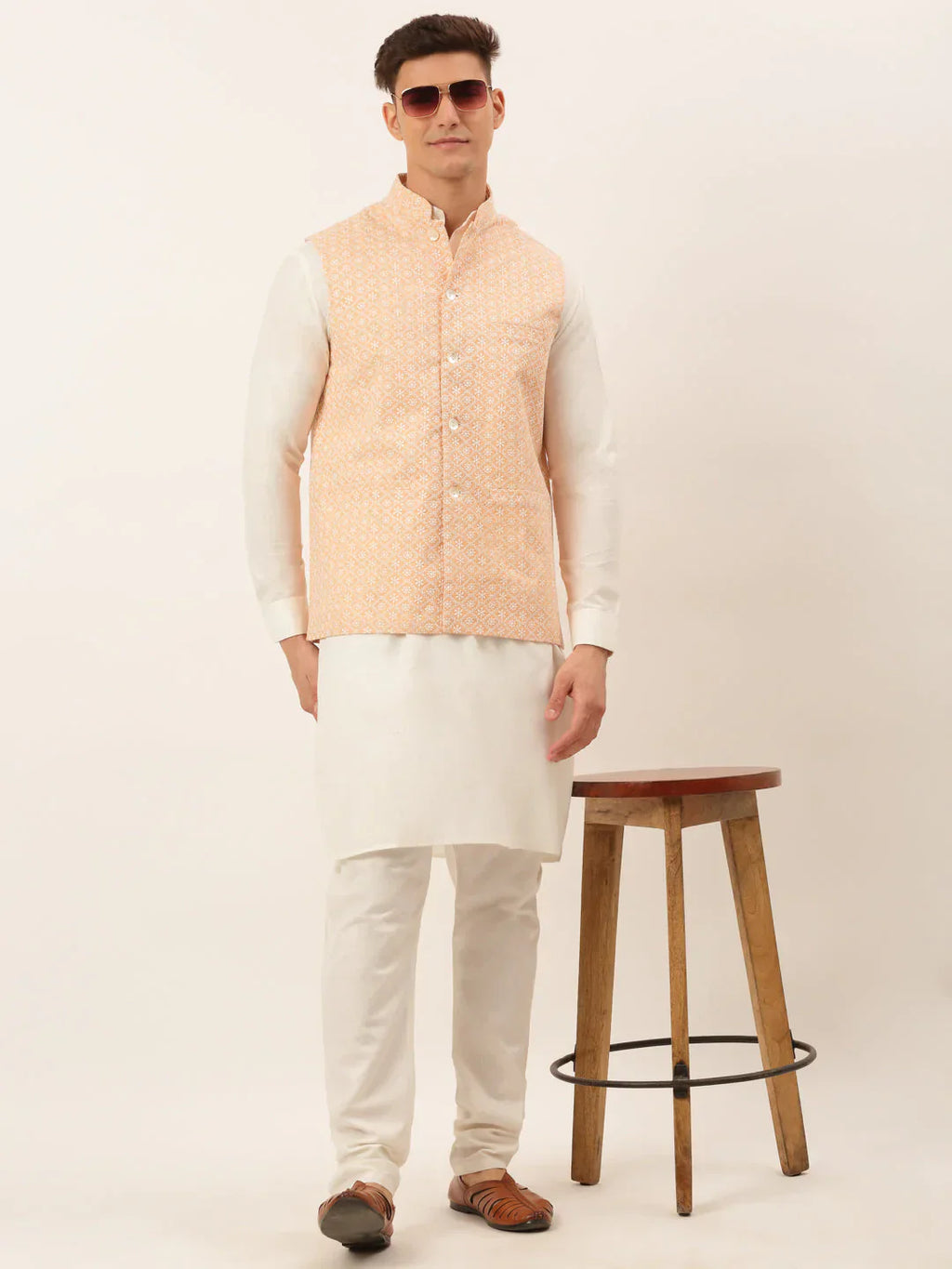 Jompers Men's Orange Embroidered Nehru Jackets