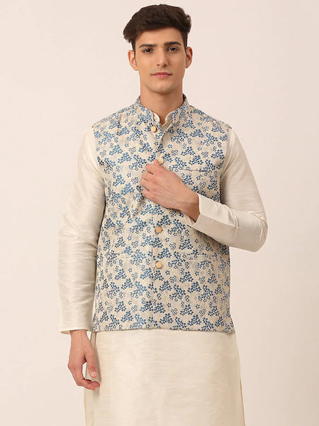 Jompers Men's Blue Floral Design Nehru Jacket