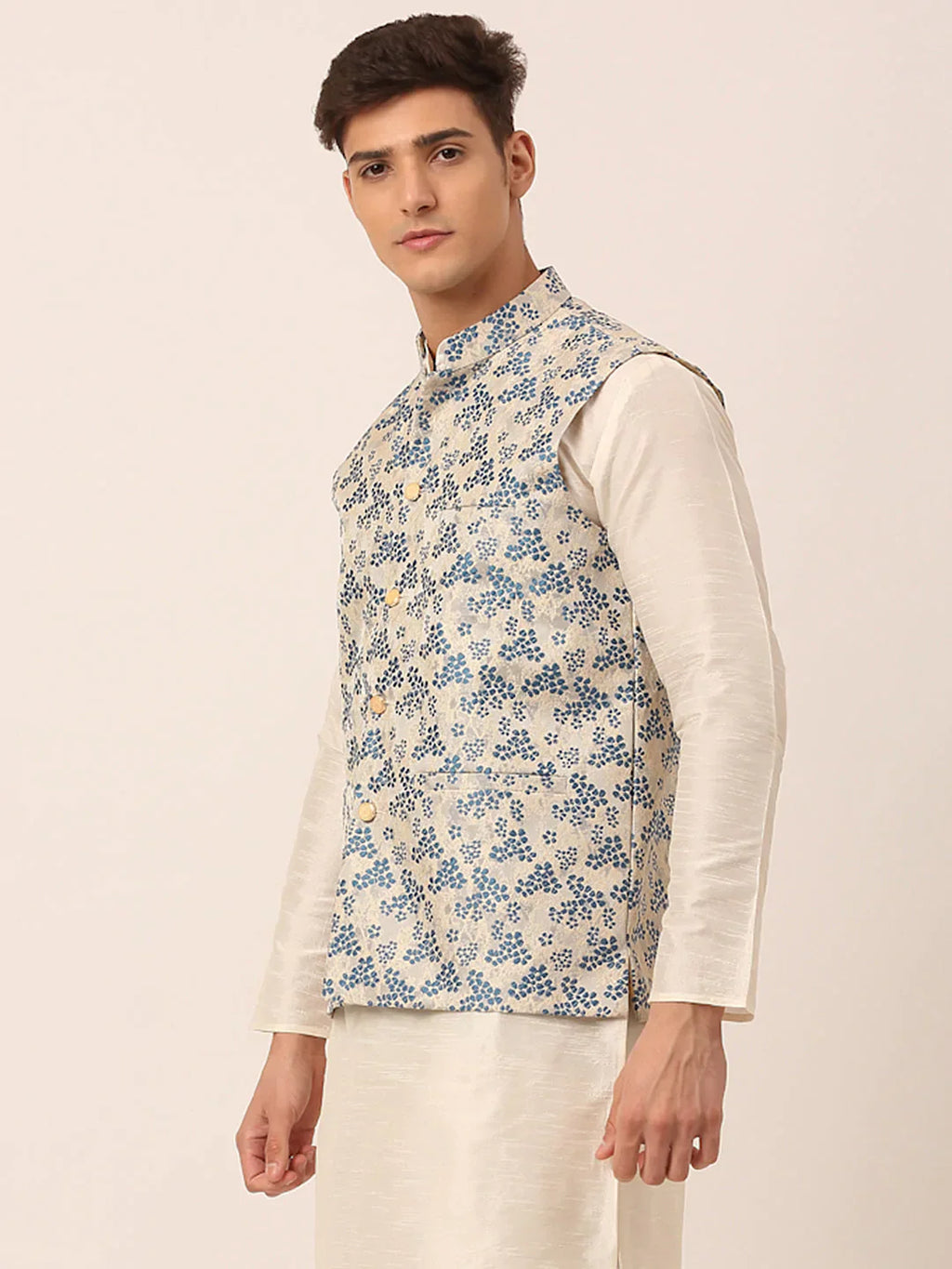 Jompers Men's Blue Floral Design Nehru Jacket
