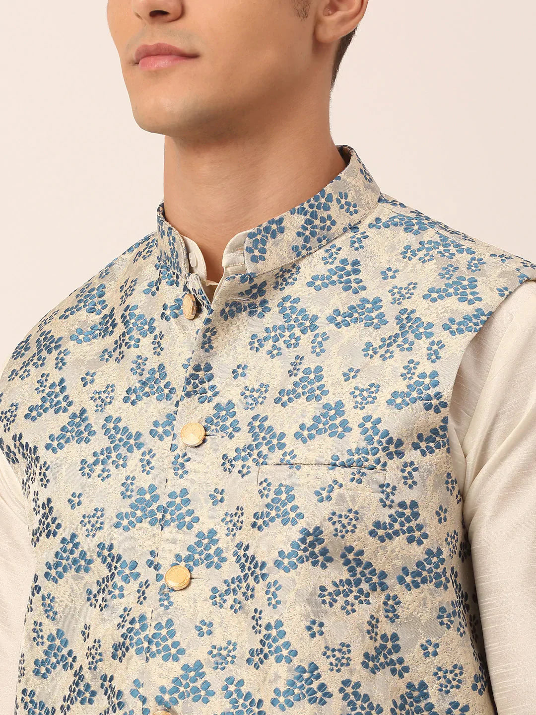 Jompers Men's Blue Floral Design Nehru Jacket