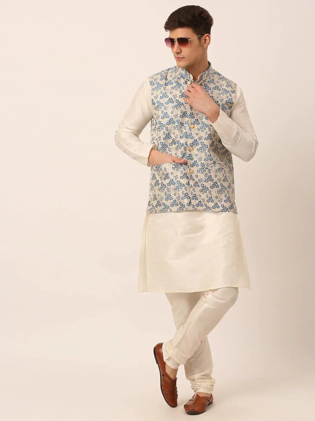 Jompers Men's Blue Floral Design Nehru Jacket