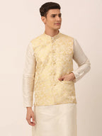 Jompers Men's Golden Floral Design Nehru Jacket