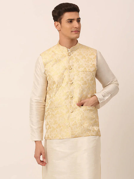 Jompers Men's Golden Floral Design Nehru Jacket