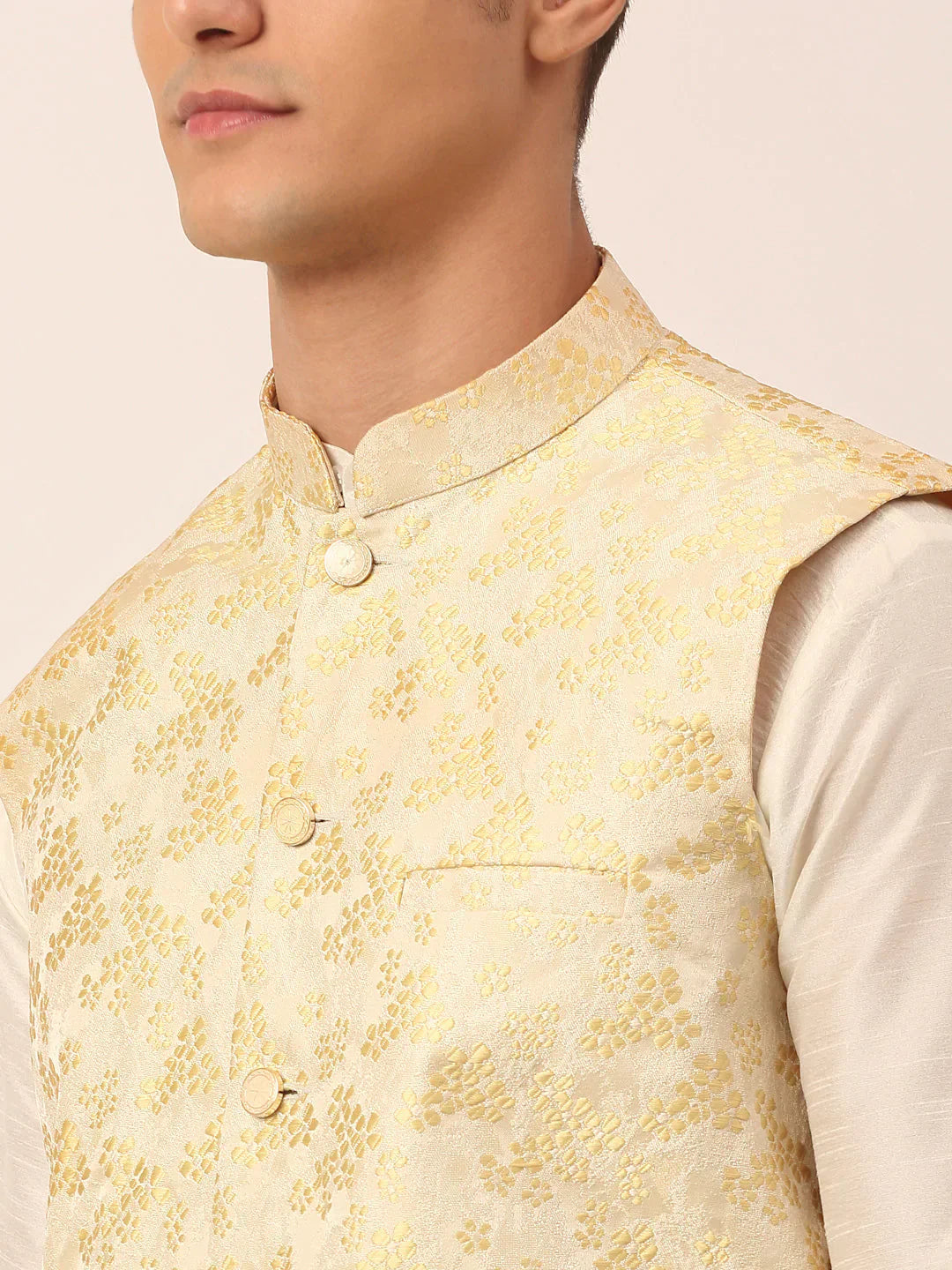 Jompers Men's Golden Floral Design Nehru Jacket
