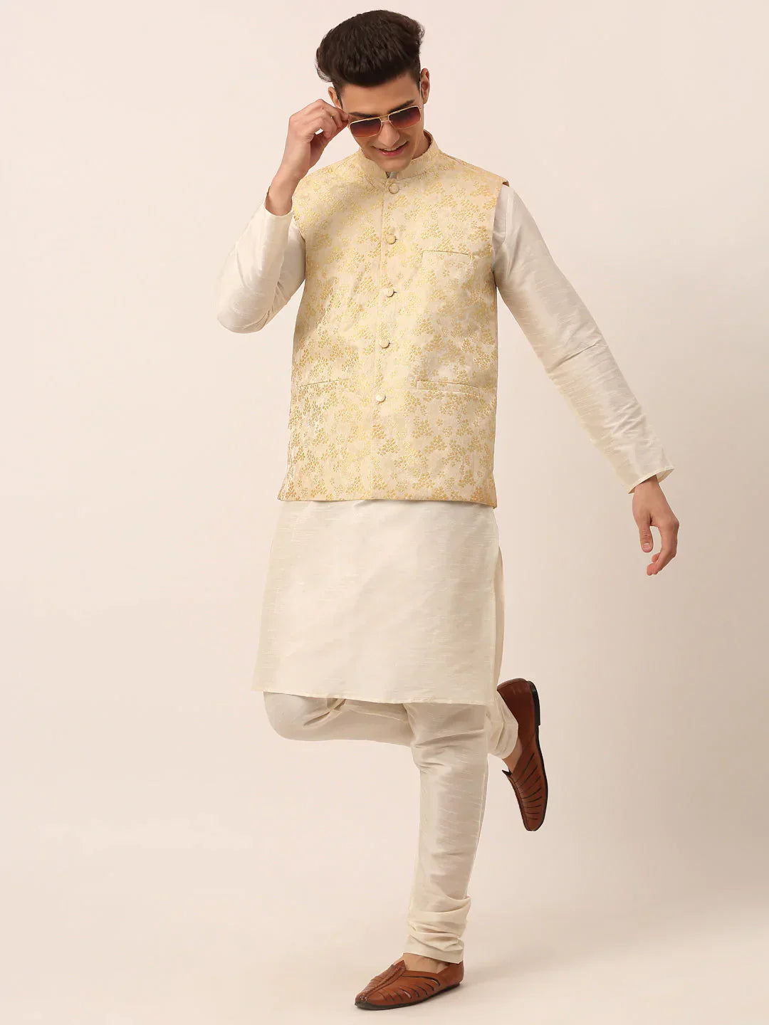Jompers Men's Golden Floral Design Nehru Jacket