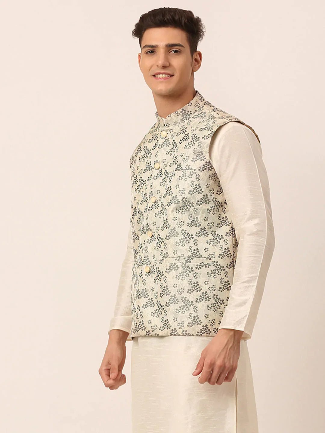 Jompers Men's Grey Floral Design Nehru Jacket