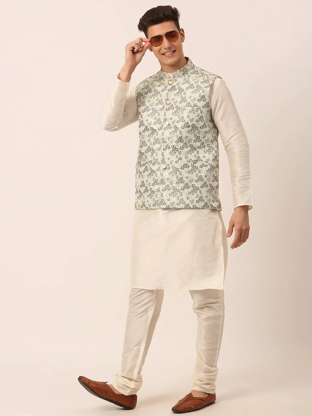 Jompers Men's Grey Floral Design Nehru Jacket