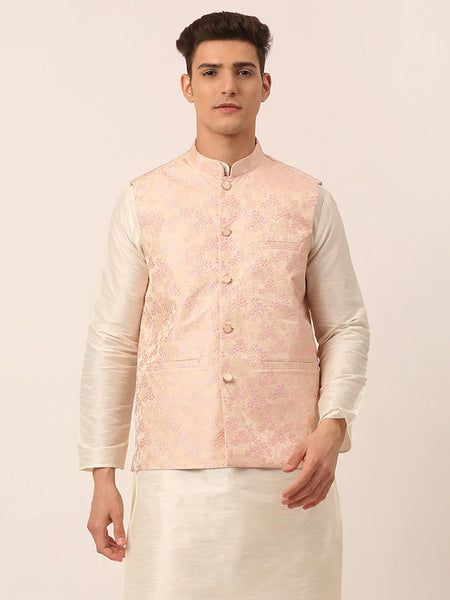 Jompers Men's Pink Floral Design Nehru Jacket