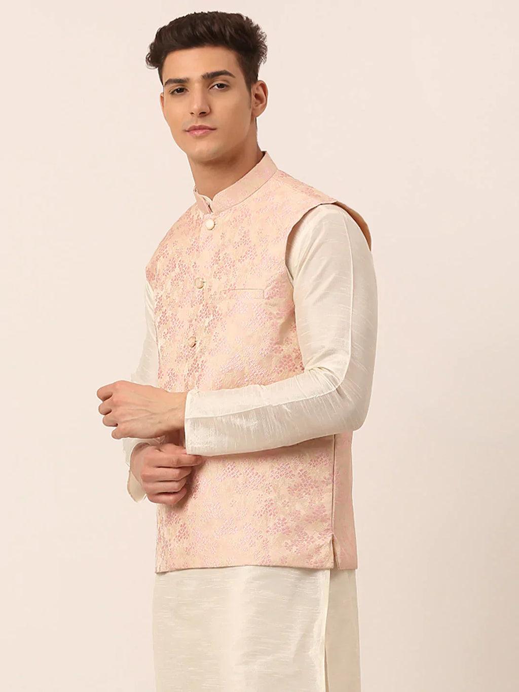 Jompers Men's Pink Floral Design Nehru Jacket