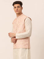 Jompers Men's Pink Floral Design Nehru Jacket