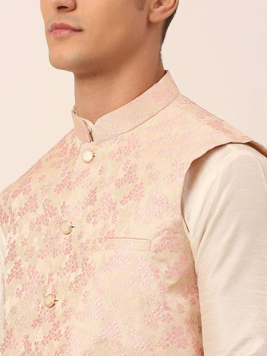 Jompers Men's Pink Floral Design Nehru Jacket