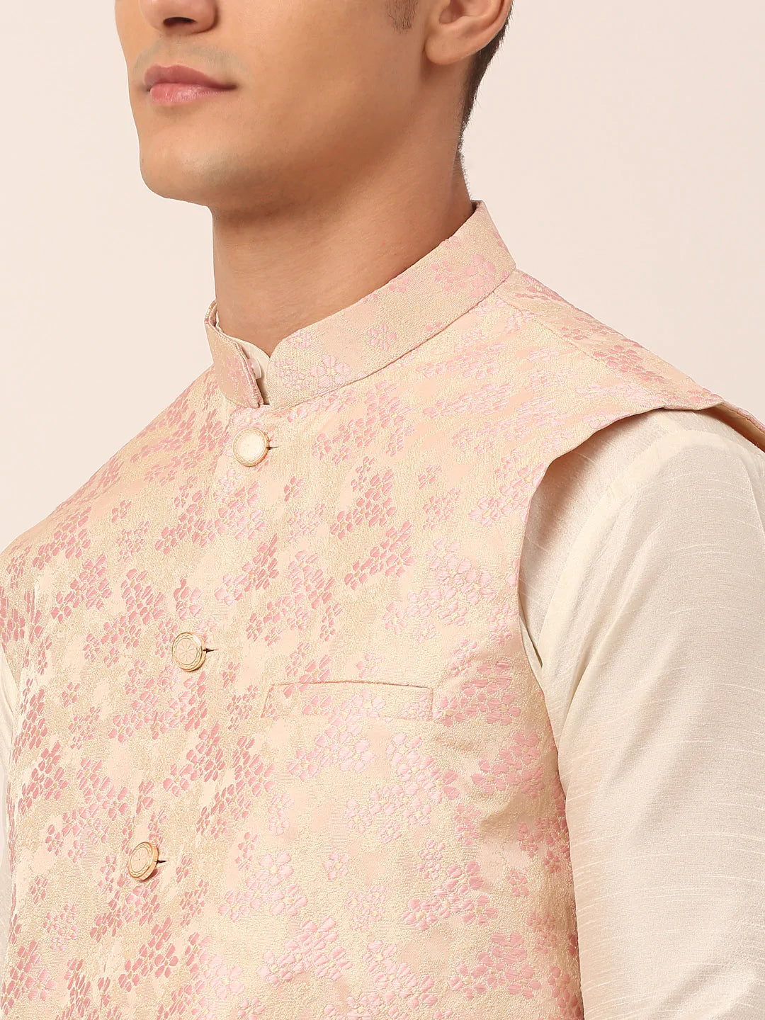 Jompers Men's Pink Floral Design Nehru Jacket