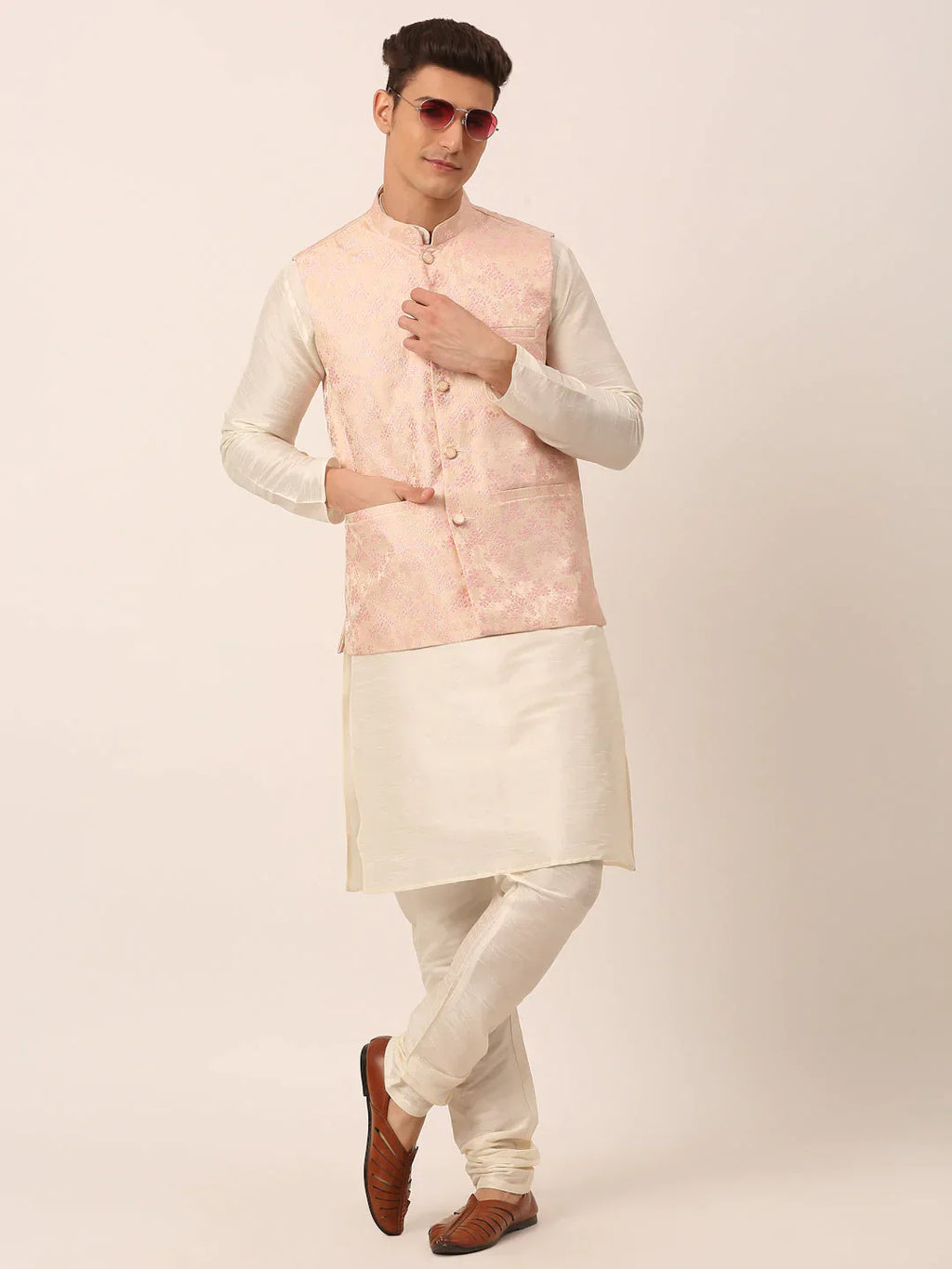 Jompers Men's Pink Floral Design Nehru Jacket