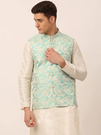Jompers Men's Sky Blue Floral Design Nehru Jacket