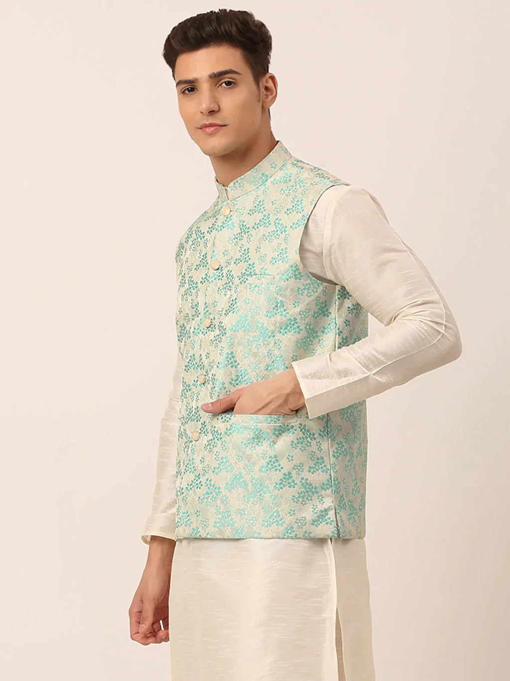 Jompers Men's Sky Blue Floral Design Nehru Jacket