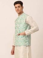 Jompers Men's Sky Blue Floral Design Nehru Jacket
