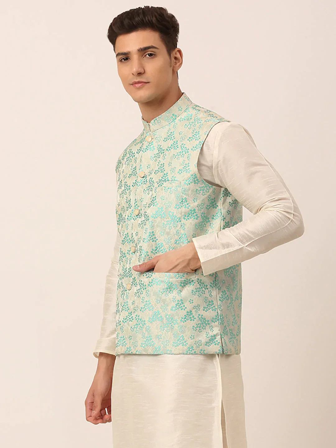 Jompers Men's Sky Blue Floral Design Nehru Jacket