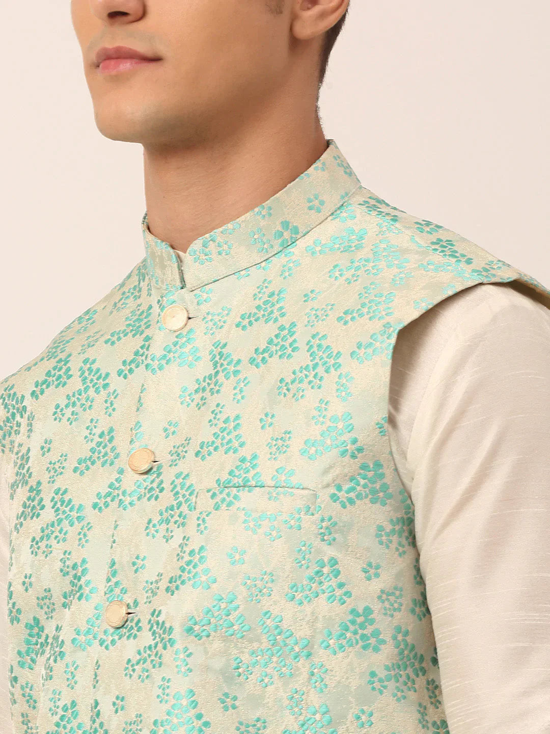 Jompers Men's Sky Blue Floral Design Nehru Jacket