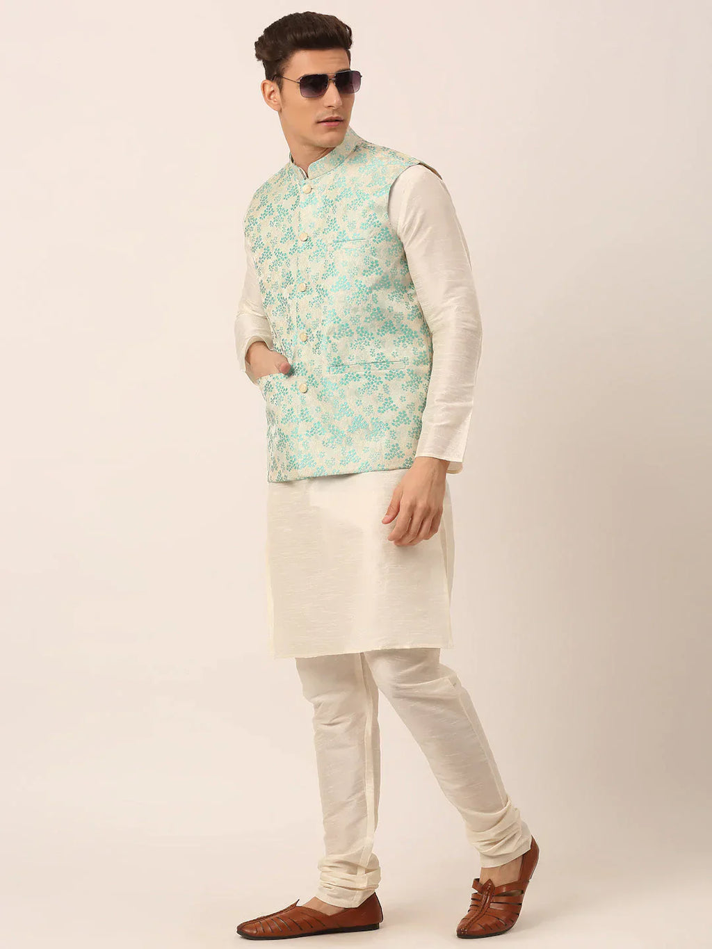 Jompers Men's Sky Blue Floral Design Nehru Jacket