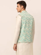 Jompers Men's Sky Blue Floral Design Nehru Jacket