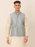 Jompers Men's Blue & Golden Embroidered Nehru Jackets