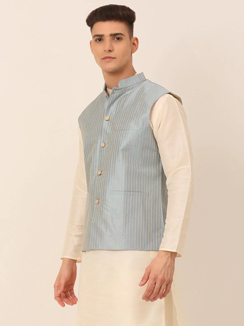 Jompers Men's Blue & Golden Embroidered Nehru Jackets