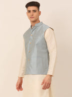 Jompers Men's Blue & Golden Embroidered Nehru Jackets