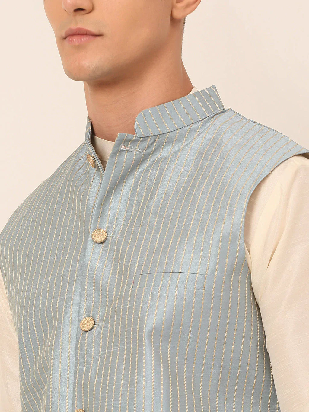 Jompers Men's Blue & Golden Embroidered Nehru Jackets