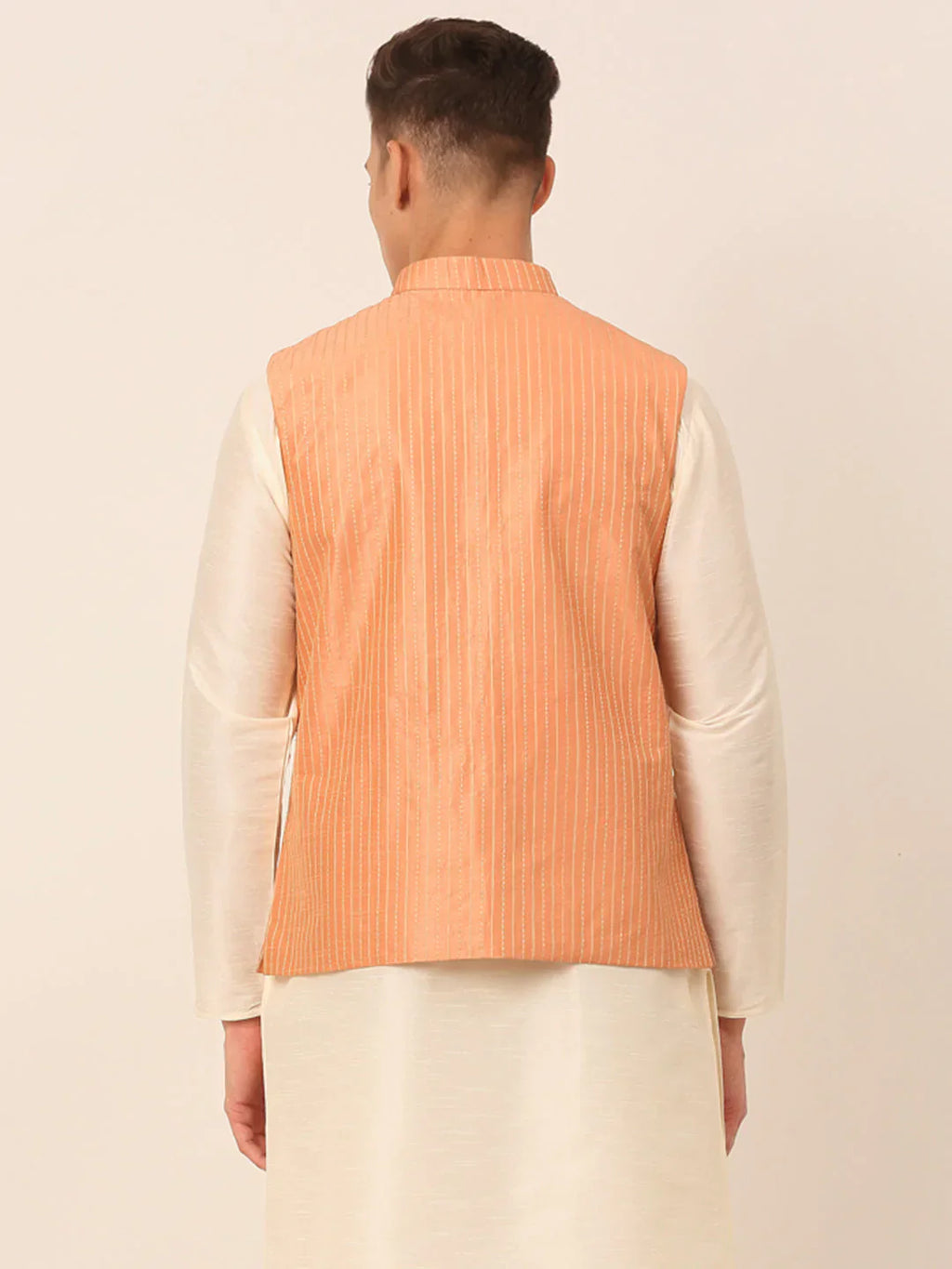 Jompers Men's Peach & Golden Embroidered Nehru Jackets