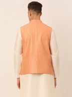 Jompers Men's Peach & Golden Embroidered Nehru Jackets